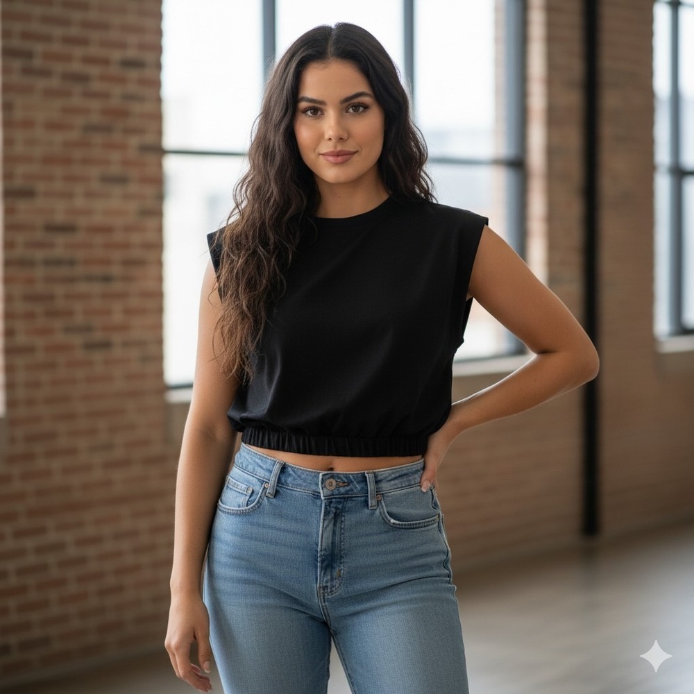 Good American Black S Small Crop Tank Top Cropped Womens Shirt Cotton Linen